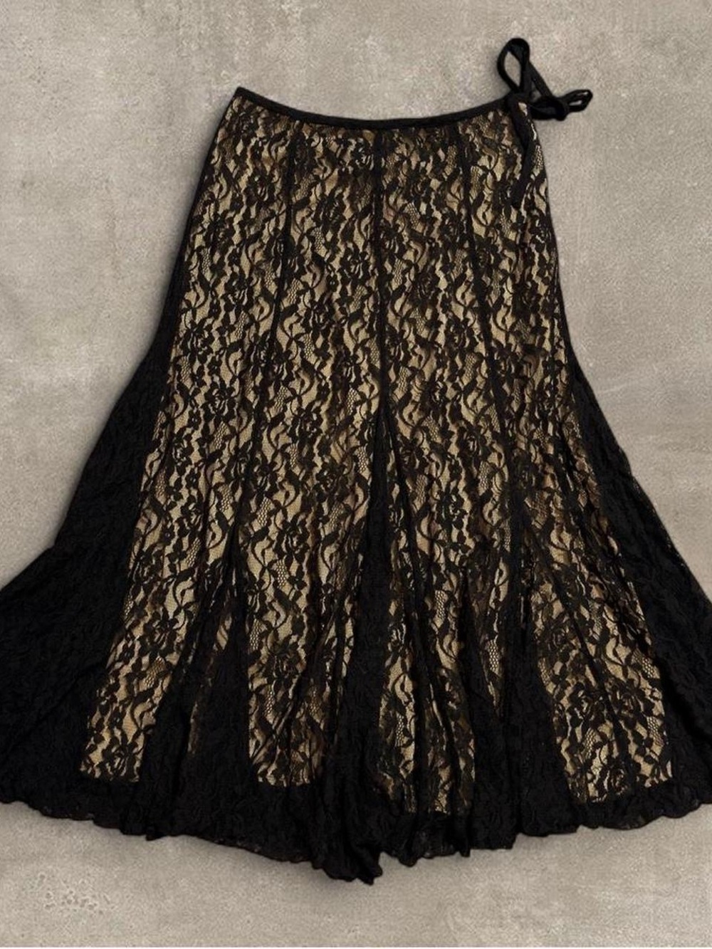 Black Lace Overlay Maxi Skirt with Nude Lining and Side Tie